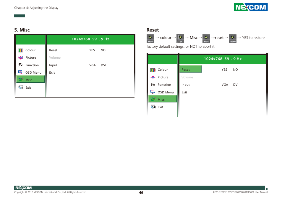 Misc, Reset | NEXCOM APPD 1200T User Manual | Page 61 / 67
