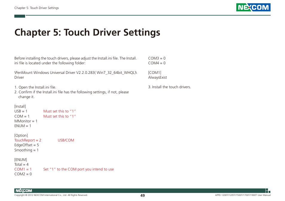 Chapter 5: touch driver settings | NEXCOM APPD 1200T User Manual | Page 64 / 67