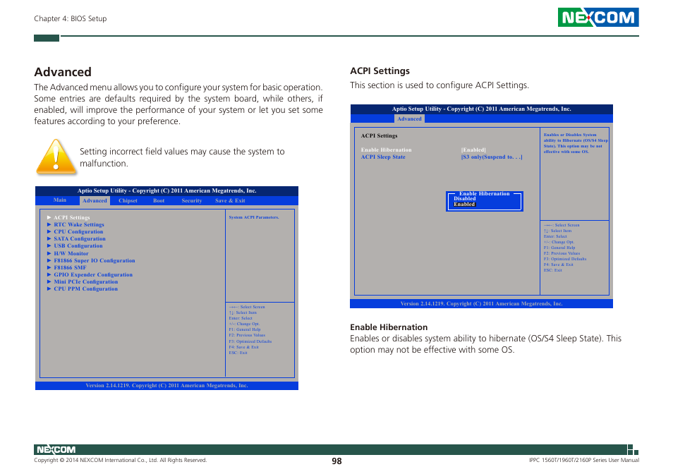 Advanced, Acpi settings | NEXCOM IPPC 1560T User Manual | Page 115 / 135