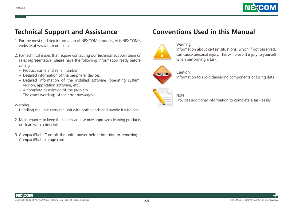 Technical support and assistance, Conventions used in this manual | NEXCOM IPPC 1560T User Manual | Page 12 / 135