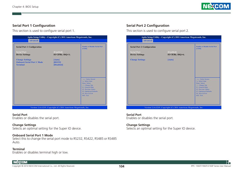 Serial port 1 configuration, Serial port 2 configuration | NEXCOM IPPC 1560T User Manual | Page 121 / 135