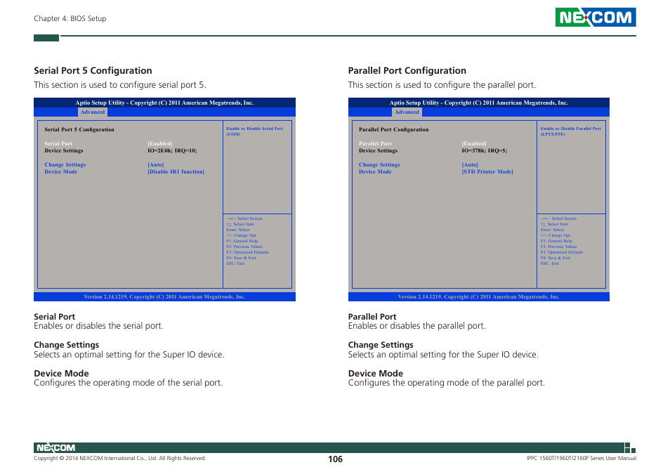 Serial port 5 configuration, Parallel port configuration | NEXCOM IPPC 1560T User Manual | Page 123 / 135