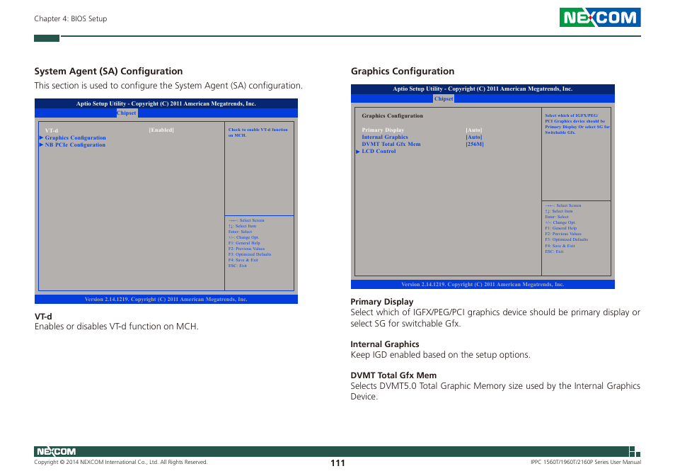 System agent (sa) configuration, Graphics configuration | NEXCOM IPPC 1560T User Manual | Page 128 / 135