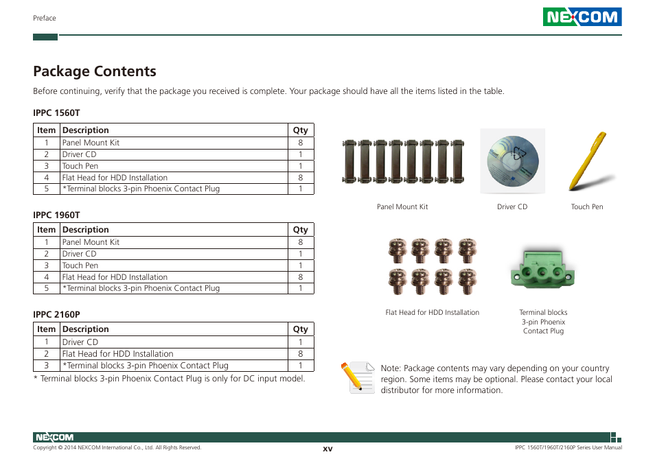 Package contents | NEXCOM IPPC 1560T User Manual | Page 15 / 135