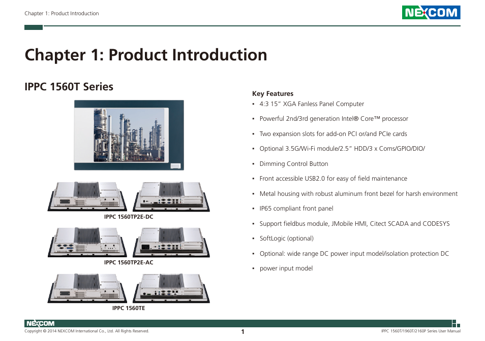 Chapter 1: product introduction, Ippc 1560t series | NEXCOM IPPC 1560T User Manual | Page 18 / 135