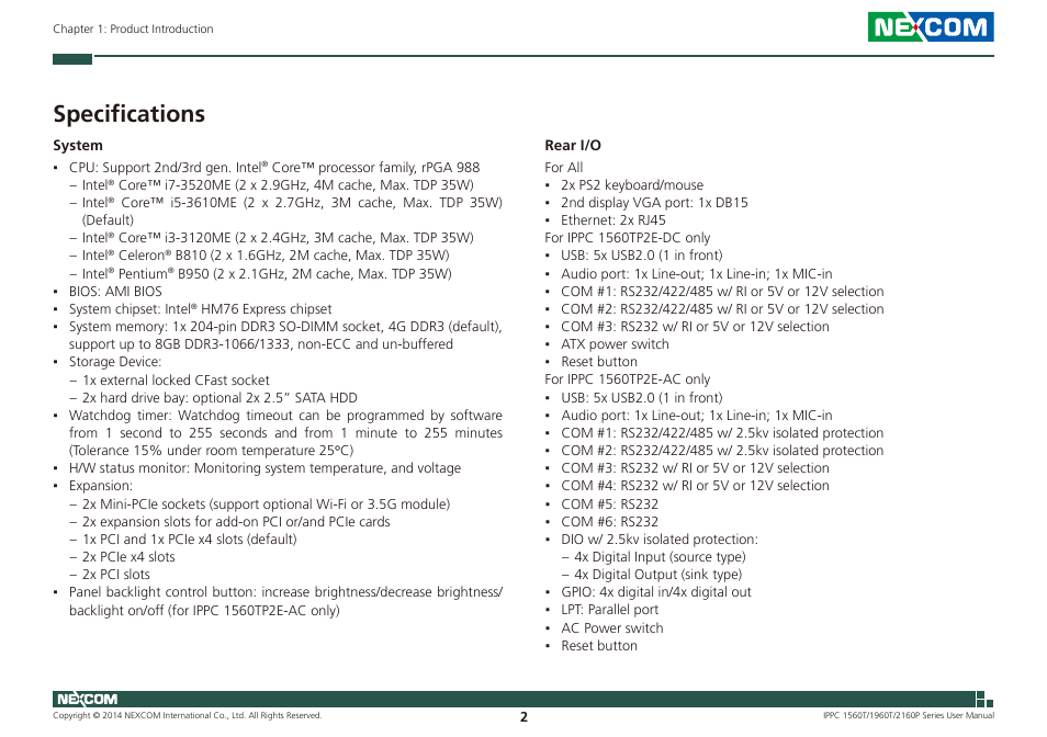 Specifications | NEXCOM IPPC 1560T User Manual | Page 19 / 135