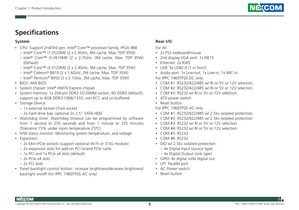 Specifications | NEXCOM IPPC 1560T User Manual | Page 22 / 135