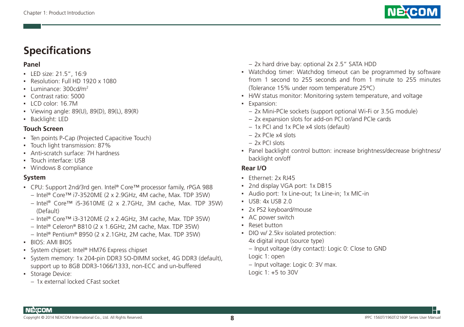 Specifications | NEXCOM IPPC 1560T User Manual | Page 25 / 135