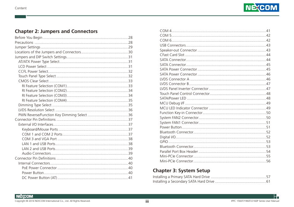 Chapter 2: jumpers and connectors, Chapter 3: system setup | NEXCOM IPPC 1560T User Manual | Page 3 / 135