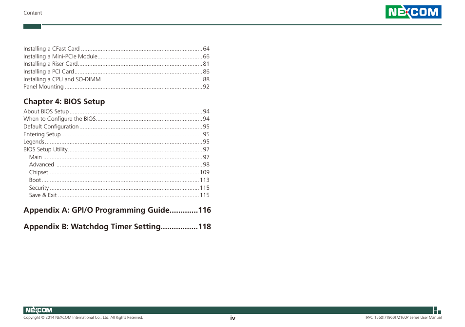 Chapter 4: bios setup | NEXCOM IPPC 1560T User Manual | Page 4 / 135