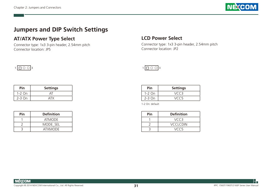 Jumpers and dip switch settings, At/atx power type select lcd power select, At/atx power type select | Lcd power select | NEXCOM IPPC 1560T User Manual | Page 48 / 135