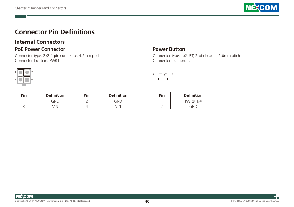 Connector pin definitions, Internal connectors, Poe power connector power button | Poe power connector, Power button | NEXCOM IPPC 1560T User Manual | Page 57 / 135