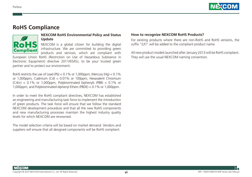 Rohs compliance | NEXCOM IPPC 1560T User Manual | Page 6 / 135