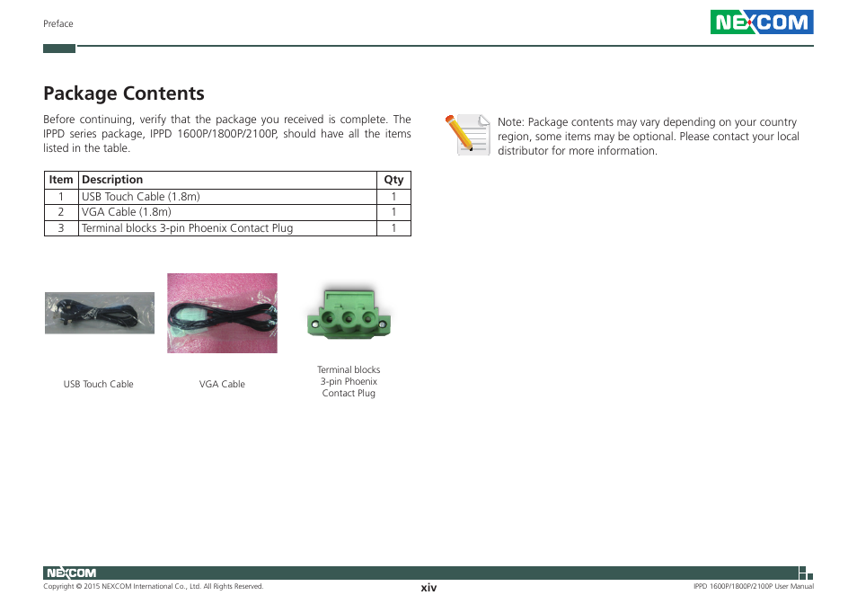 Package contents | NEXCOM IPPD 1600P User Manual | Page 14 / 49