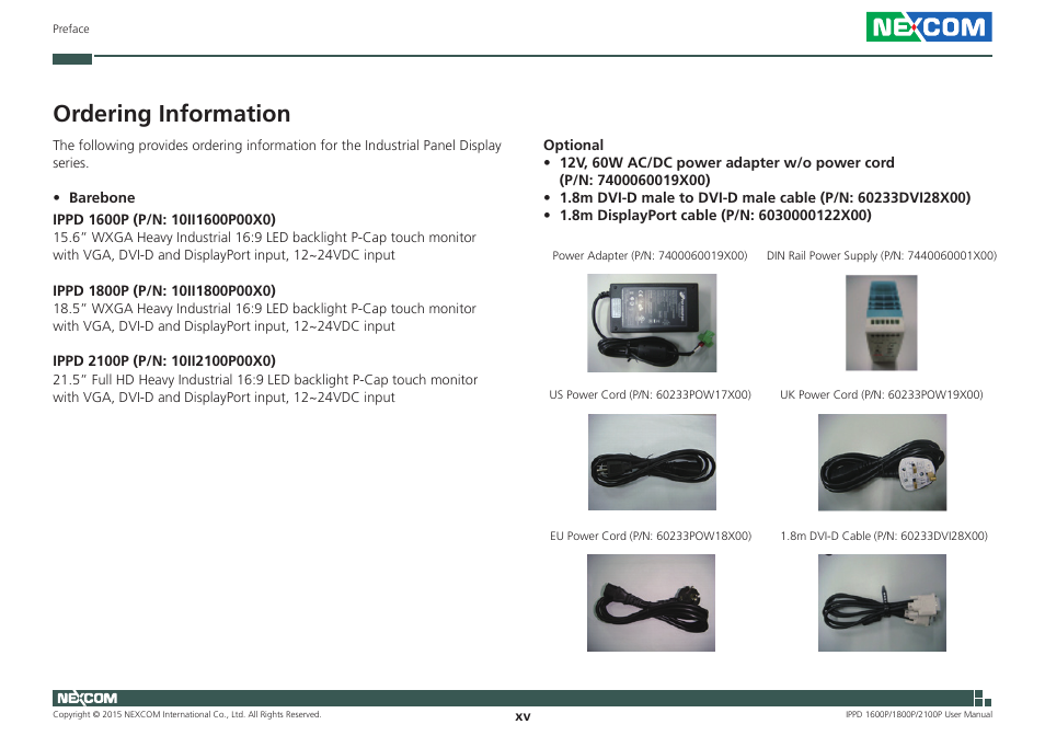 Ordering information | NEXCOM IPPD 1600P User Manual | Page 15 / 49