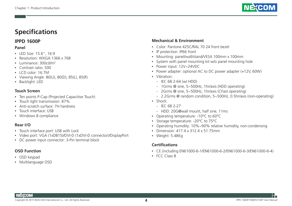 Specifications, Ippd 1600p | NEXCOM IPPD 1600P User Manual | Page 19 / 49