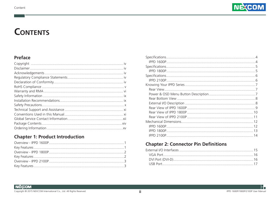 Ontents | NEXCOM IPPD 1600P User Manual | Page 2 / 49