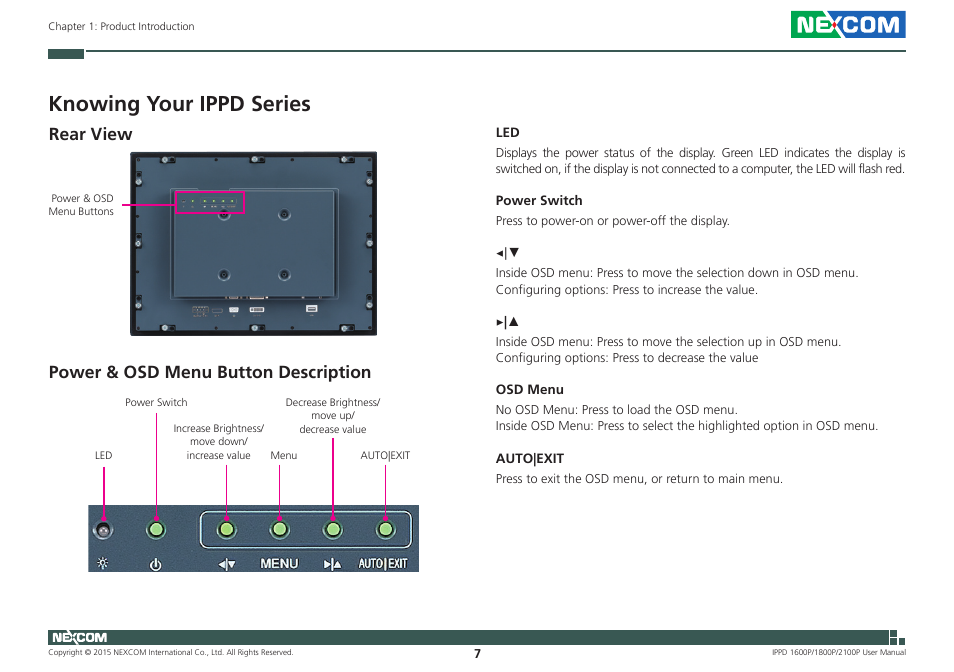 Knowing your ippd series, Rear view, Power & osd menu button description | Rear view power & osd menu button description | NEXCOM IPPD 1600P User Manual | Page 22 / 49