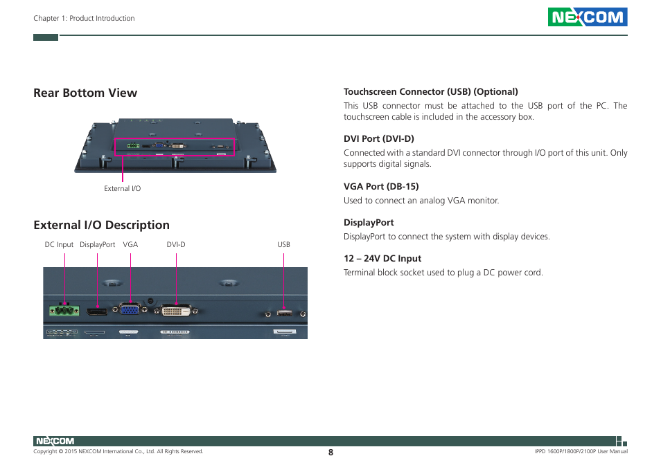 Rear bottom view, External i/o description, Rear bottom view external i/o description | NEXCOM IPPD 1600P User Manual | Page 23 / 49