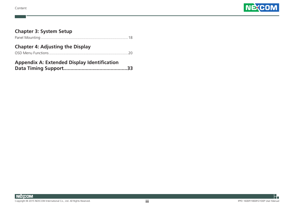 Chapter 3: system setup, Chapter 4: adjusting the display | NEXCOM IPPD 1600P User Manual | Page 3 / 49