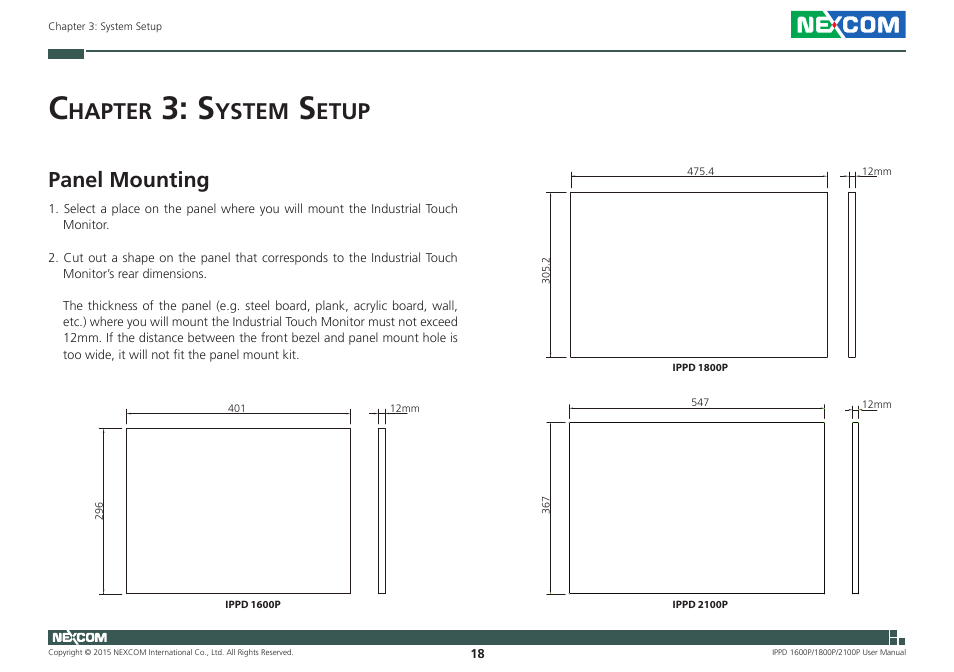 Chapter 3: system setup, Panel mounting, Hapter | Ystem, Etup | NEXCOM IPPD 1600P User Manual | Page 33 / 49