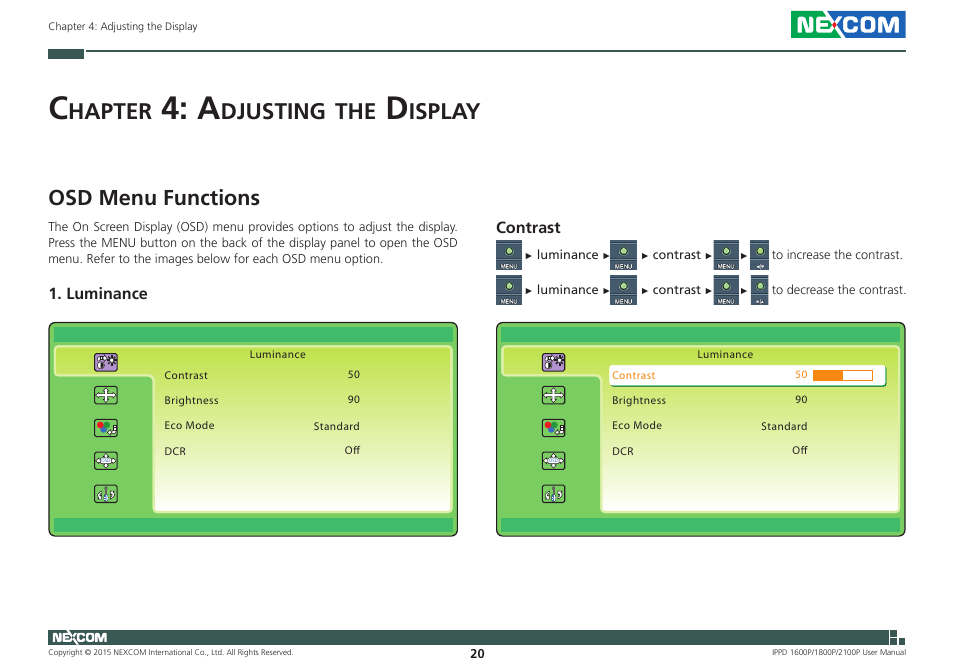 Chapter 4: adjusting the display, Osd menu functions, Hapter | Djusting, Isplay | NEXCOM IPPD 1600P User Manual | Page 35 / 49