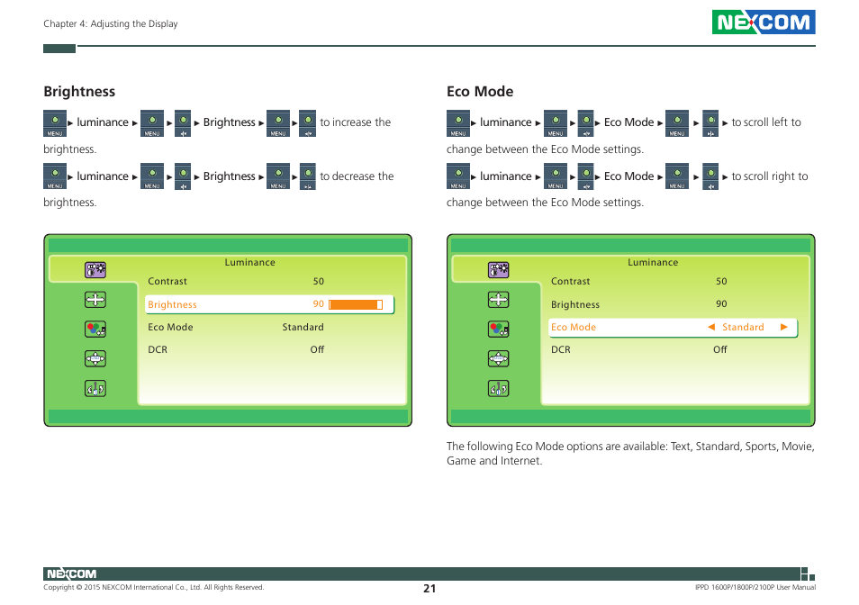 Brightness, Eco mode | NEXCOM IPPD 1600P User Manual | Page 36 / 49