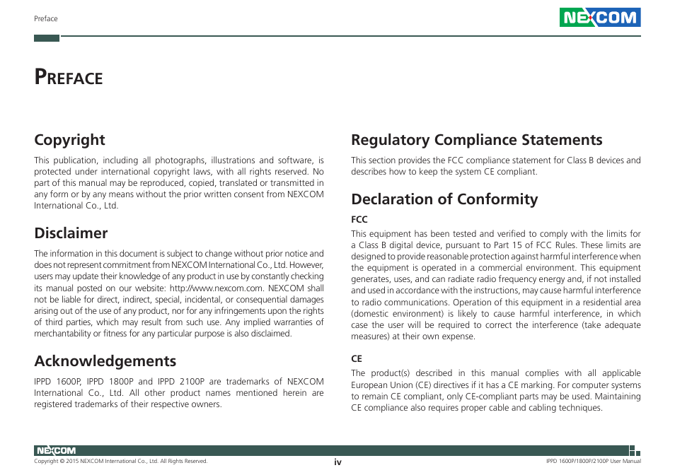 Preface, Copyright, Disclaimer | Acknowledgements, Regulatory compliance statements, Declaration of conformity, Reface | NEXCOM IPPD 1600P User Manual | Page 4 / 49