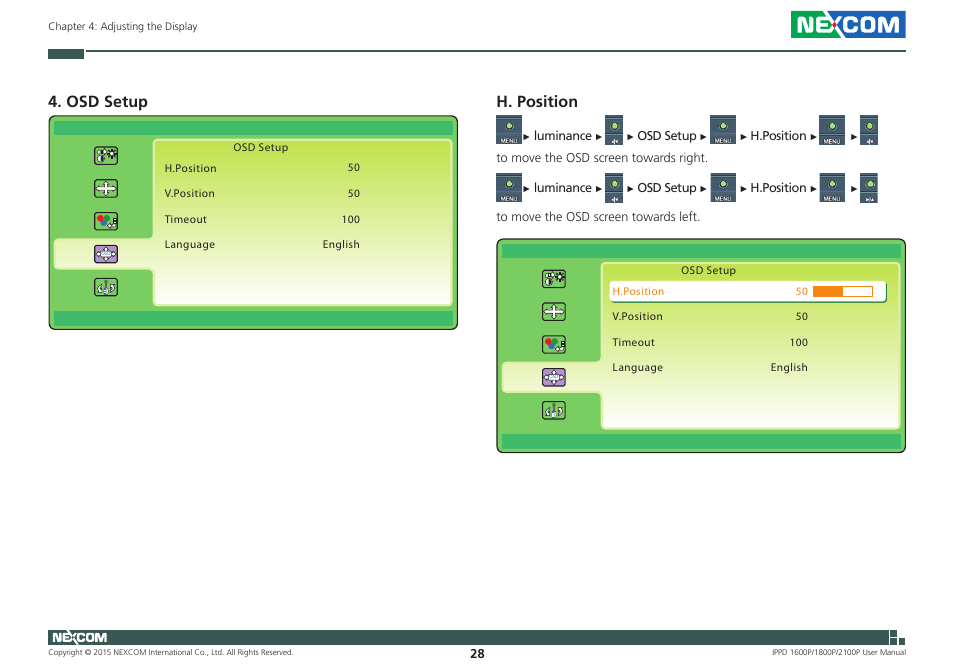 Osd setup, H. position | NEXCOM IPPD 1600P User Manual | Page 43 / 49