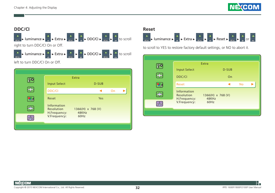 Ddc/ci, Reset | NEXCOM IPPD 1600P User Manual | Page 47 / 49