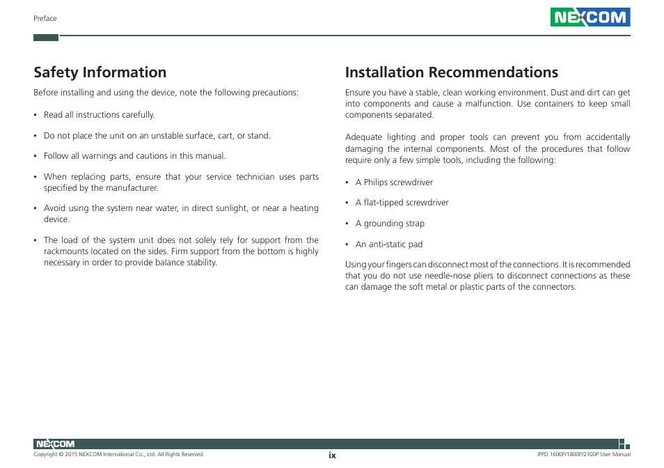 Safety information, Installation recommendations | NEXCOM IPPD 1600P User Manual | Page 9 / 49