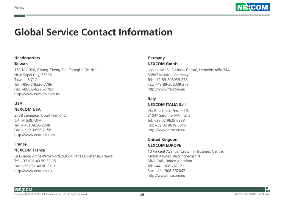 Global service contact information | NEXCOM MPPC 2120T User Manual | Page 12 / 113