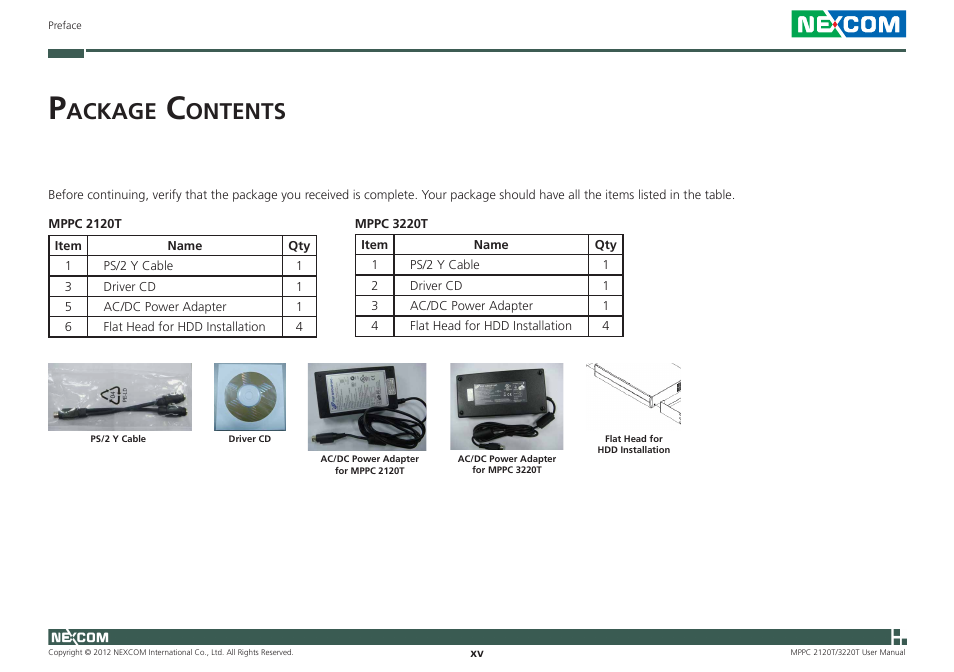 Ackage, Ontents | NEXCOM MPPC 2120T User Manual | Page 15 / 113