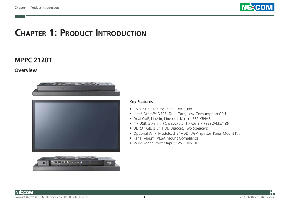 Hapter, Roduct, Ntroduction | Mppc 2120t | NEXCOM MPPC 2120T User Manual | Page 17 / 113