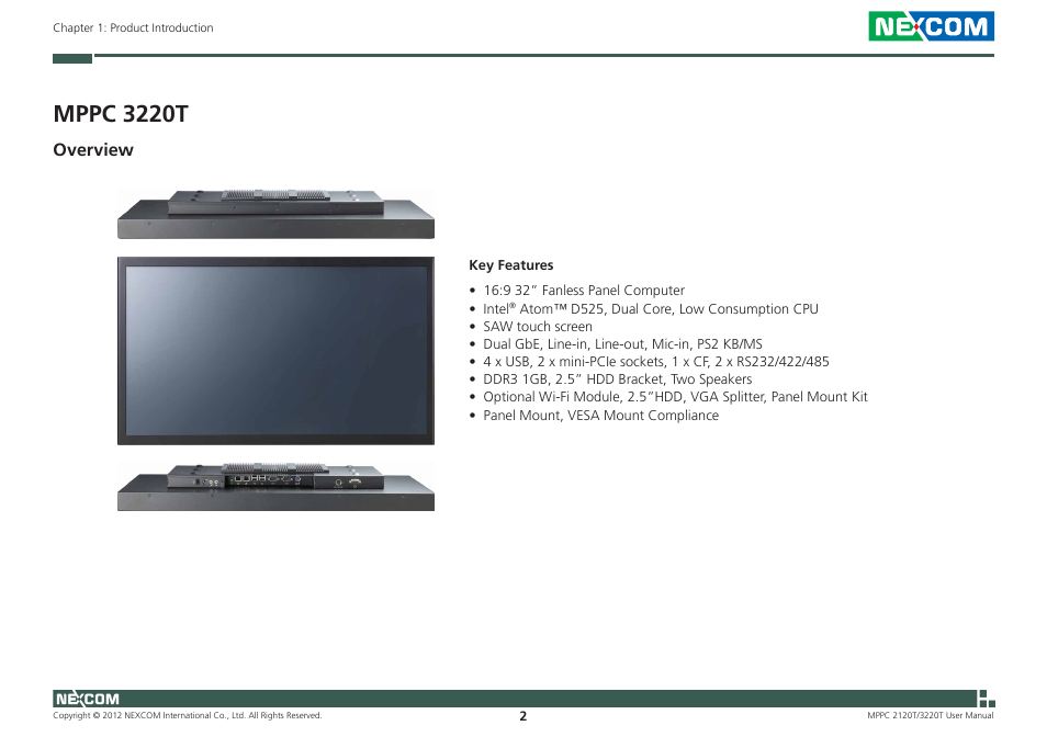 Mppc 3220t, Overview | NEXCOM MPPC 2120T User Manual | Page 18 / 113