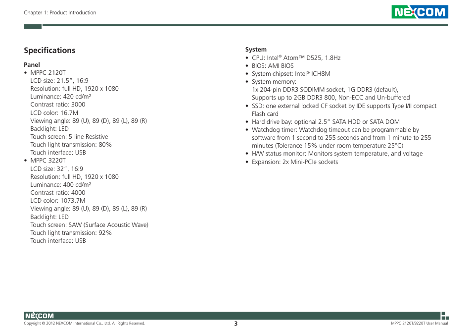 Specifications | NEXCOM MPPC 2120T User Manual | Page 19 / 113