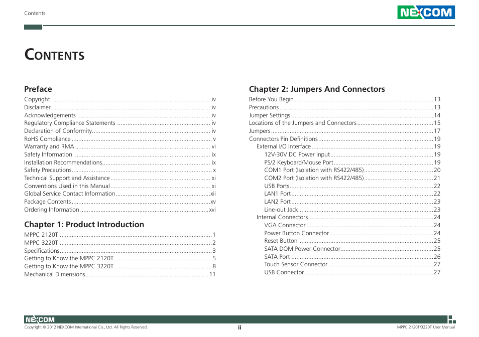 Ontents | NEXCOM MPPC 2120T User Manual | Page 2 / 113