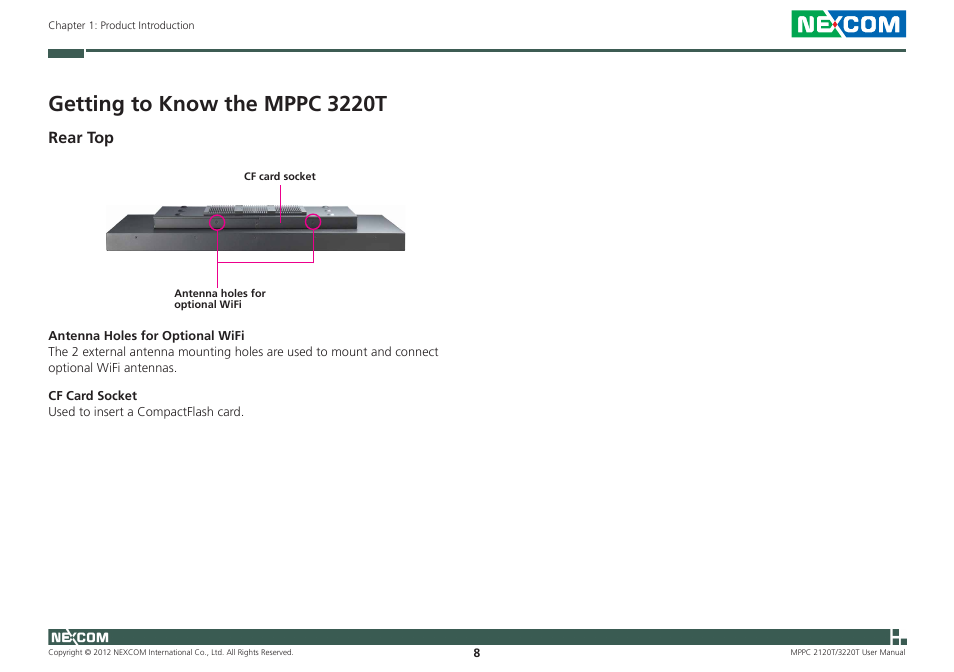 Getting to know the mppc 3220t, Rear top | NEXCOM MPPC 2120T User Manual | Page 24 / 113