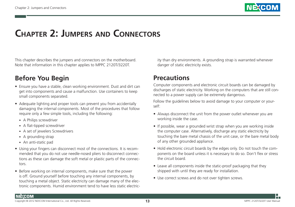 Hapter, Umpers, Onnectors | Before you begin, Precautions | NEXCOM MPPC 2120T User Manual | Page 29 / 113