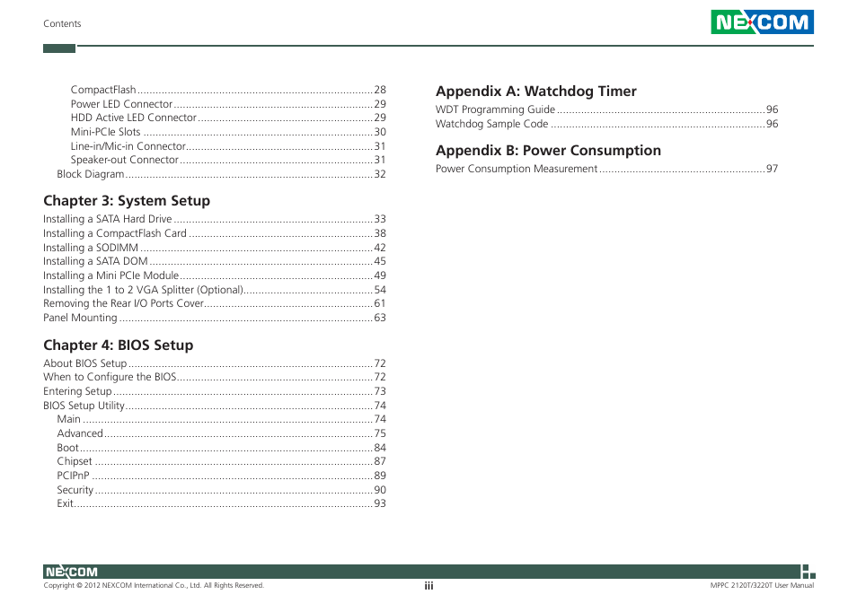 Chapter 3: system setup, Chapter 4: bios setup, Appendix a: watchdog timer | Appendix b: power consumption | NEXCOM MPPC 2120T User Manual | Page 3 / 113