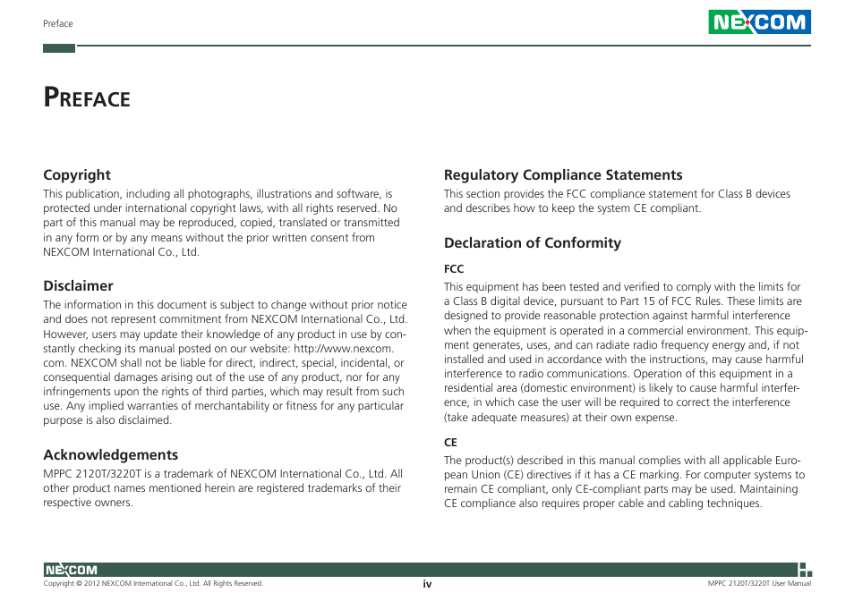 Reface | NEXCOM MPPC 2120T User Manual | Page 4 / 113