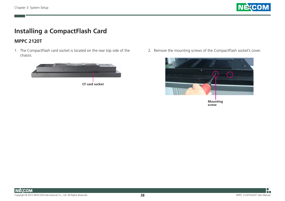 Installing a compactflash card, Mppc 2120t | NEXCOM MPPC 2120T User Manual | Page 54 / 113