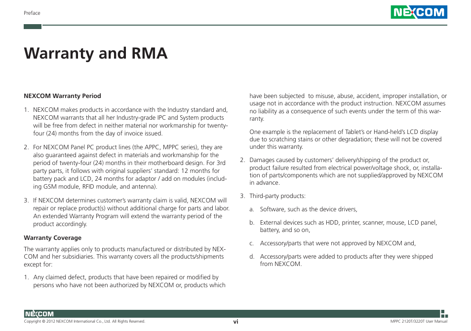 Warranty and rma | NEXCOM MPPC 2120T User Manual | Page 6 / 113