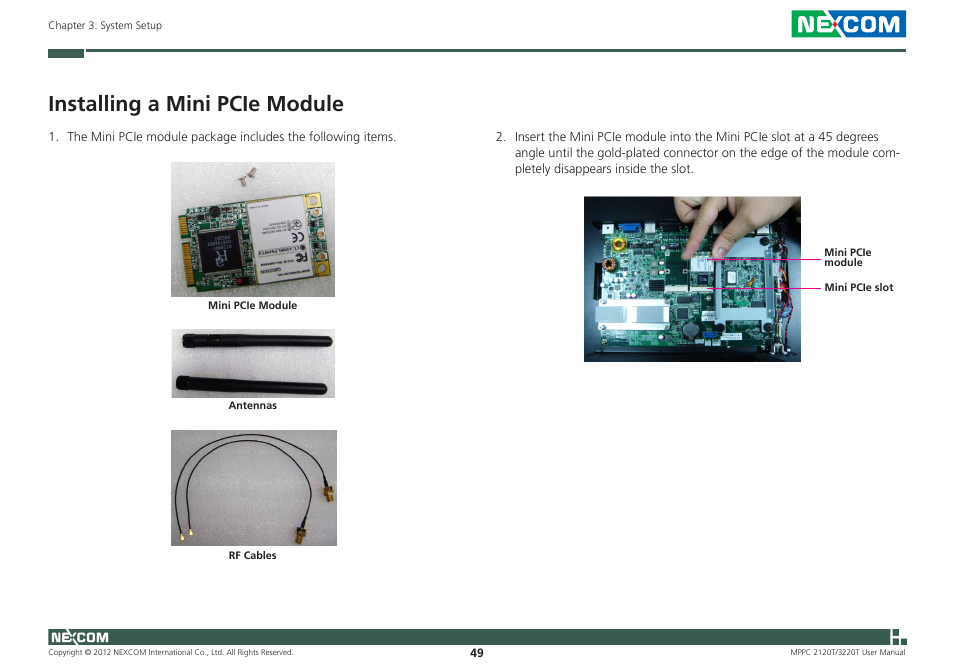 Installing a mini pcie module | NEXCOM MPPC 2120T User Manual | Page 65 / 113