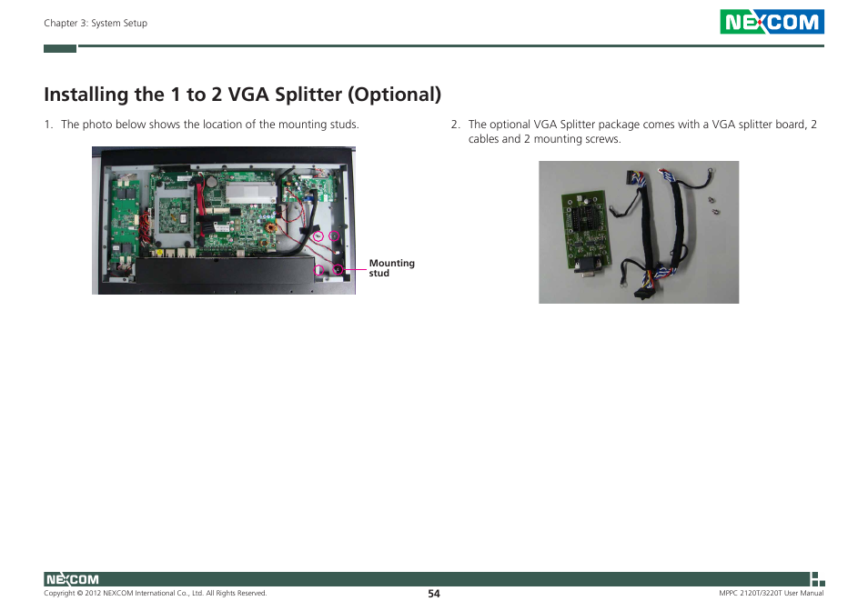 Installing the 1 to 2 vga splitter (optional) | NEXCOM MPPC 2120T User Manual | Page 70 / 113