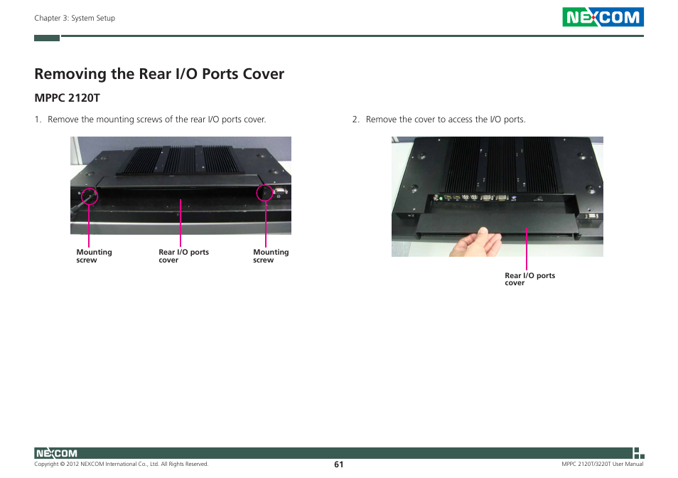 Removing the rear i/o ports cover, Mppc 2120t | NEXCOM MPPC 2120T User Manual | Page 77 / 113