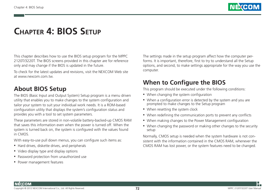 Bios s, Hapter, Etup | About bios setup, When to configure the bios | NEXCOM MPPC 2120T User Manual | Page 88 / 113