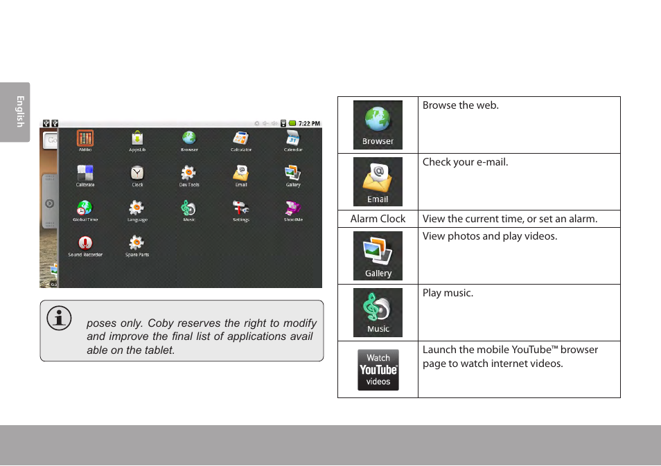 About applications, Preinstalled applications | COBY electronic Kyros MID7005-4G User Manual | Page 18 / 42