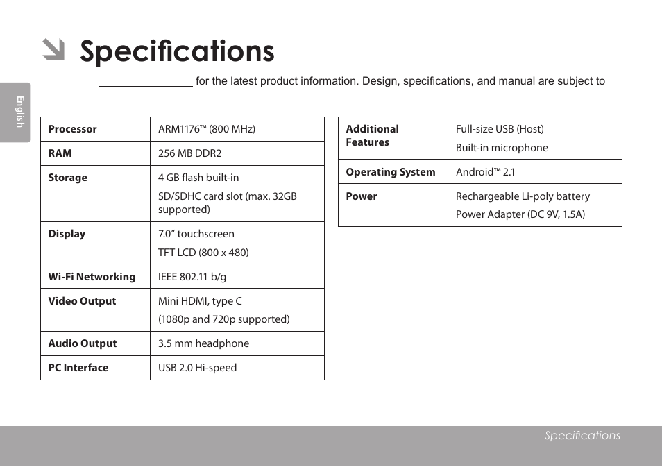 Specifications | COBY electronic Kyros MID7005-4G User Manual | Page 36 / 42