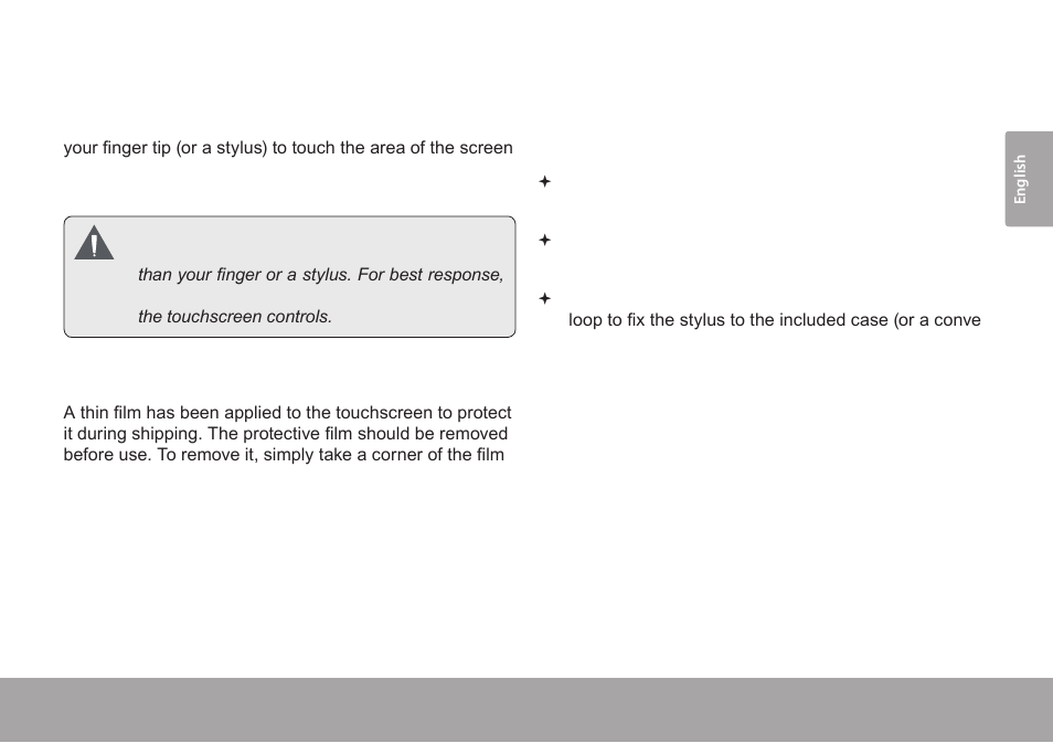 About the touchscreen, Protective film, Using the stylus | COBY electronic Kyros MID7005-4G User Manual | Page 9 / 42